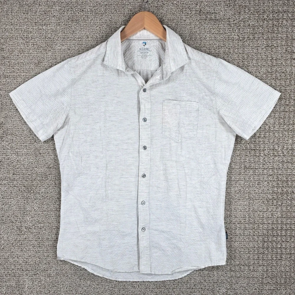 Kuhl Mens Riveara Tapered Fit Short Sleeve Button Down Shirt Gray Striped Medium